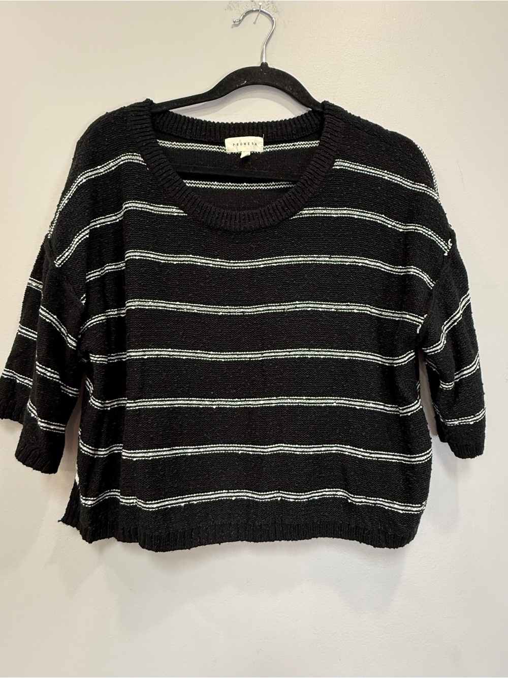 Promesa Black Crewneck Sweater with White Stripes - Boxy Short Sleeve